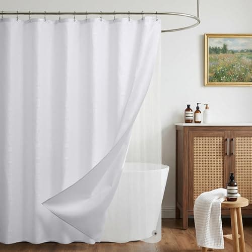 Siiluminisoy Shower Curtain and Liner Set, Waffle Shower Curtain Set with 12 Stainless Steel Hooks, Waterproof Luxury Fabric Shower Curtains for Bathroom and Hotel, White, 72" W x 72" H