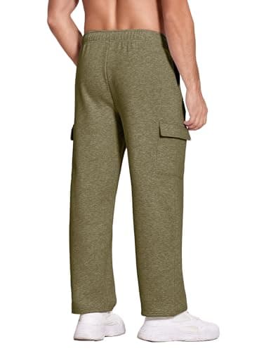 Deyeek Men's Fleece Cargo Sweatpants Open Bottom Cotton Sweat Pants for Men Thick Jogger Sweatpants Lounge Pants with Pockets Olive Green - Thumbnail 2