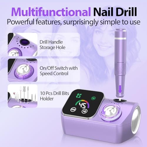 PYVOLA Professional Electric Nail Drill E-File Machine - 45,000 RPM Corded Nail Drills Kit with Low Noise & LED Display for Shaping, Removing & Polishing Acrylic Gel Nails for Salon Home - Thumbnail 3