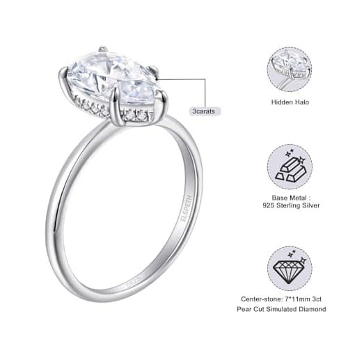 Elspeth 3CT Pear-Shaped Engagement Ring 925 Sterling Silver Hidden Halo Solitaire Cubic Zirconia Wedding Promise Ring for Women Size 8.5 - Thumbnail 6