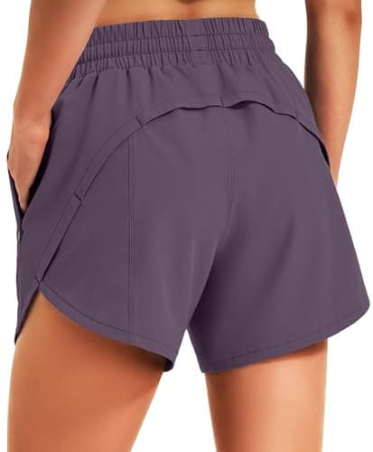 Hugut Women's 5" Athletic Running Shorts Quick Dry Lightweight Comfy Shorts for Walking Gym Workout with Zipper Pockets Grey Purple