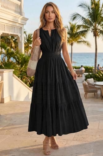 Autumn Flowerwall Women's Summer Maxi Dress Sleeveless Premium Lyocell Breathable Smocked Elastic Waist Tiered Flowy Long Dress with Pockets Beach Vacation Wedding Guest Garden Party Black XL - Thumbnail 5