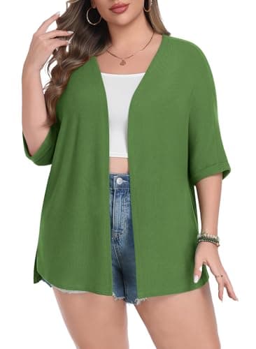 Lastshe Plus Size Cardigan for Womens Rolled Short Sleeve Lightweight Split Hem Both Sides Sweaters Wrap,Army Green,3X - Image 1