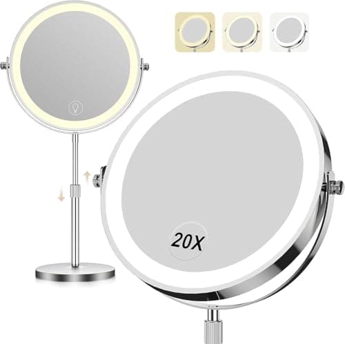 Makeup Mirror with Lights, 1x/20x 360° Rotation Vanity Mirror, Brightness Adjustable Lighted Makeup Mirror with Magnification, 5000 mAh Rechargeable Double Sided Mirror with 3 Colors, Gift for Women - Image 1