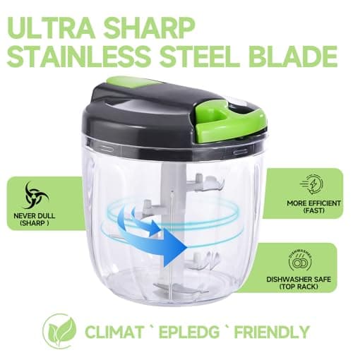 Ziweaye Manual Food Processor Vegetable Chopper, Portable Hand Pull String Garlic Mincer Onion Cutter for Veggies, Ginger, Fruits, Nuts, Herbs, etc., （900ml,Gray-green） - Thumbnail 5