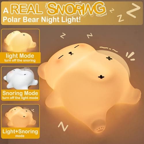 LettreQ Snoring White Bear Night Light, Rechargeable Squishy Lamp - Silicone Nursery LED Animal Dimmanble Touch Nightlight - Bedroom Cute Funny Birthday Christmas Gifts for Kids, Boy, Girls - Thumbnail 5