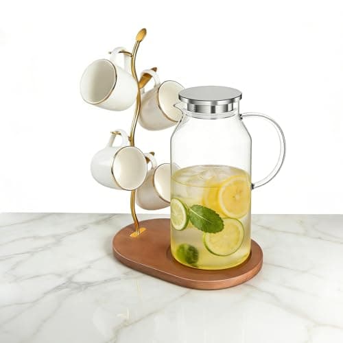 ZOESEEK Gold Coffee Mug Tree with Wooden Base, 5-Hook Coffee Mug Stand for Kitchen Counter, Elegant Metal Mug Tree for Counter, Mug Holder for Coffee Mugs, Tea Cups, Home Decor & Housewarming Gift - Image 1