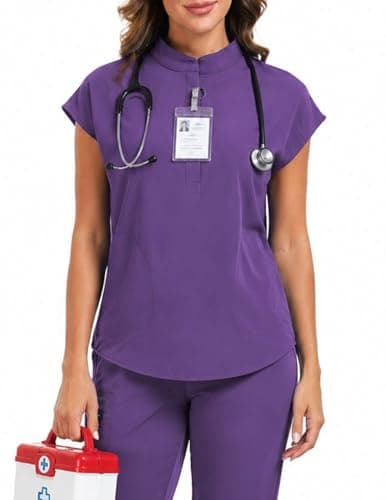 VECARDI Women's Scrub Top Zip Front Stretch Short Sleeve Nurse Uniform Shirt with Pockets Badge Loop Dark Purple - Thumbnail 5
