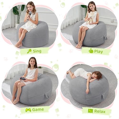 HABUTWAY Bean Bag Chair, 2FT Bean Bag Chairs with Memory Foam Filling, Small Beanbag Chairs with Portable Handle, Comfy Bean Bag Sofa for Living Room Bedroom Reading Room, Light Grey - Thumbnail 5