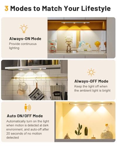 Pak Under Cabinet Lights, Rechargeable Motion Sensor Light Indoor, Wireless and 3-Color Dimmable with Cat’s Eye Hill Effect, for Display Cabinets, Showcases, Wine Racks, 2 Pack, Silver - Thumbnail 3