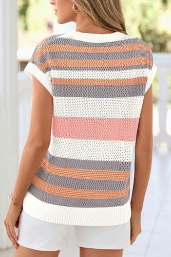dowerme Womens Spring Tank Tops 2026 Cute Cap Sleeve Crewneck Color Block Crochet Sweater Vest Striped Summer Outfits(Striped Pink White,Medium) - Thumbnail 5