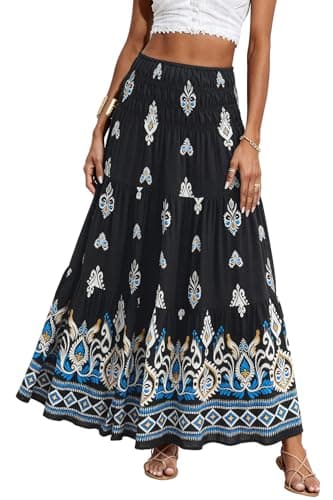 CFLONGE Summer Maxi Skirts for Women 2026 Fashion Boho Long Skirt Trendy Floral High Waist A Line Beach Skirt Vacation Outfit(Black White Flower,Medium) - Image 1