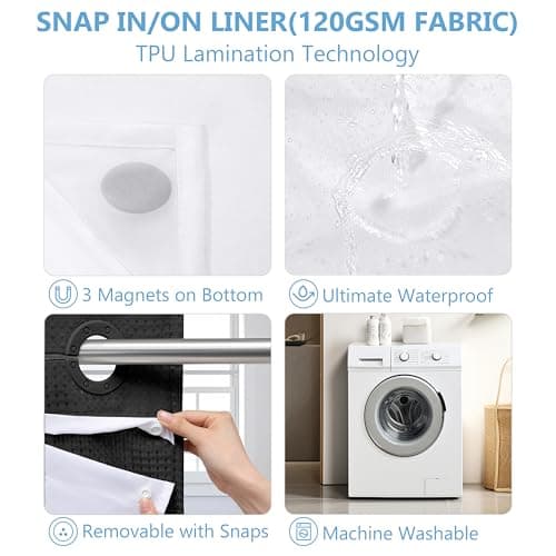 PILOTSHARK No Hook Waffle Weave Shower Curtain with Snap-in Fabric Liner,256GSM Heavy Duty Fabric Shower Curtain Set,Black Waterproof Washable Luxury Shower Curtain for Bathroom Stall (72x75 Inch) - Thumbnail 5