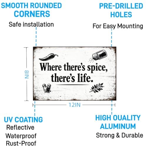 Where There’s Spice There’s Life Vintage Tin Sign Rustic Kitchen Wall Decor Metal Plaque Farmhouse Cooking Quote Art Dining Room Pantry Cafe Typography 8x12 Inch Pre Drilled Holes - Thumbnail 6