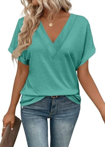 Dimur Womens V Neck T Shirts Fashion Clothing Short Rolled Sleeve V Neck Cute Tops Business Casual Shirts Tunic Tops Cyan XX-Large