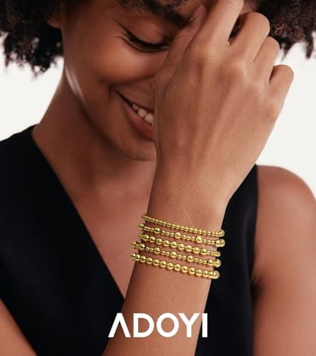 adoyi Gold Bracelets for Women Beaded Bracelet 14K Gold Plated Bracelet Stack Strand Stretch Bead Ball Bracelet Set Stackable Bracelet Adjustable Bracelet Set Jewelry for Gifts 7.25 inches - Thumbnail 3