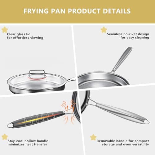Kurovia Tri-Ply Stainless Steel Frying Pan, Compatible with All Cooktops Up to 600℉, Large Frying Pan with lids, Induction-Ready Skillet, Dishwasher and Oven Safe, Even Heat (12.4 Inch) - Thumbnail 5