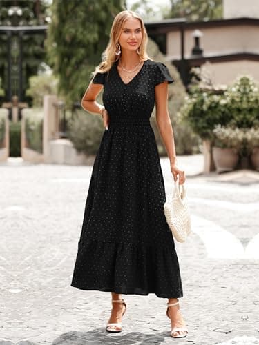 PRETTYGARDEN Womens 2026 Spring Swiss Dot Maxi Dress Short Sleeve V Neck Smocked Waist Ruffle Tiered Flowy Long Party Dresses(Black, Large) - Thumbnail 6