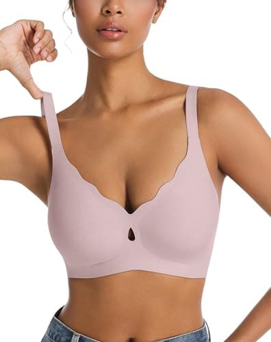 POSESHE Deep V Neck Wireless Women's Wave Comfortable Seamless Bralettes Scalloped No Underwire Full Coverage Padded Supportive Bras Pink - Image 1