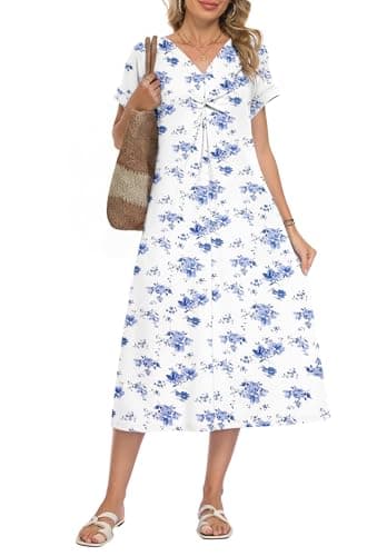 WNEEDU Women Summer Midi Dress Twist Front V Neck Short Sleeve Loose Casual Pockets,Blue Floral Elegance,XL - Image 1