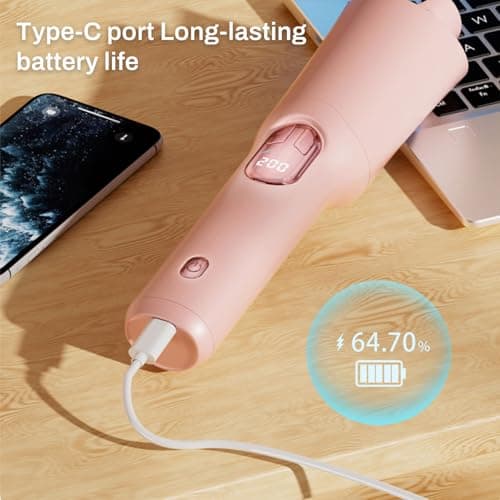 UOEPOWA Automatic Rotating Wireless Curling Iron, USB-C Rechargeable, Negative Ion Ceramic, Anti-Burn & Anti-Tangle, Ideal Choice for Women, Space-Saving Portable Design for Home & Travel (Pink) - Thumbnail 6