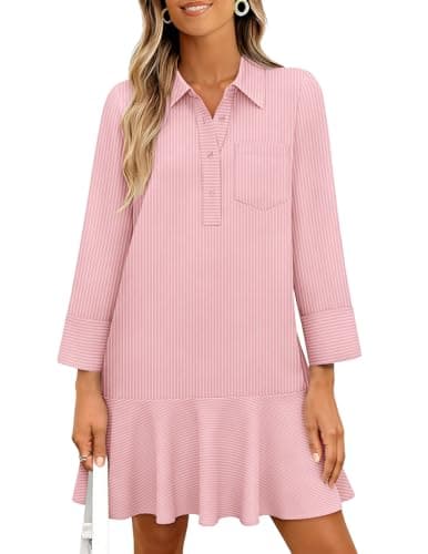 MEROKEETY Women's 2025 Fall 3/4 Sleeve Shirt Dress Casual Button Down Shift Pleated Midi Dresses with Pockets, StripedPink, Large - Image 1