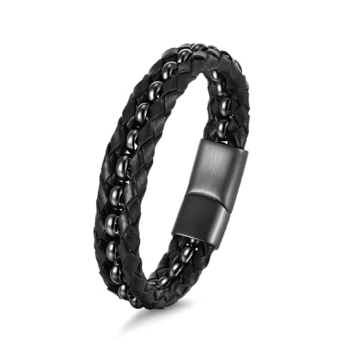 FLHEART Bracelet Gifts for Men Black Braided Leather Stainless Steel Cuff Bracelets,Gift for Men Dad Husband Boyfriend Son Grandson Brother Nephew Uncle 7.5|8.5|9 Inches - Image 1
