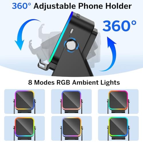 Wireless Induction Speaker 5-in-1 Bluetooth Speaker with Phone Stand,Stereo Sound, 3500mAh Rechargeable, 8 RGB Ambient Light, 360° Adjustable Holder for iPhone/Android/iPad,Gifts for Men Women (Black) - Thumbnail 6