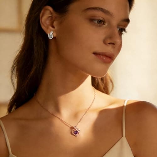 JACUPO Heart Birthstone Rose Gold Necklace for Women(Rose Gold-02-Amethyst) - Thumbnail 4