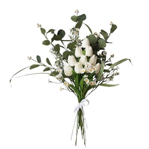 siqifloral 22pcs Real Touch Fake White Tulips Bouquet with Eucalyptus & Daisies, Artificial Flowers for Farmhouse Dining Centerpiece, Wedding & Mother's Day Decor (No Vase) - Image 1