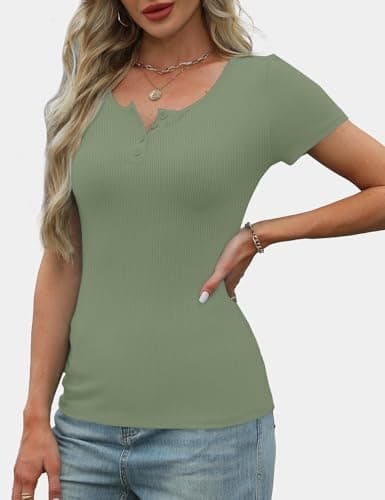 GKBK Short Sleeve Henley Shirts for Women Ribbed Scoop Neck Fitted Tight Basic Tee Shirts Casual Spring Summer Tops 2025 Trendy Outfits Dressy Sage Green S - Thumbnail 3