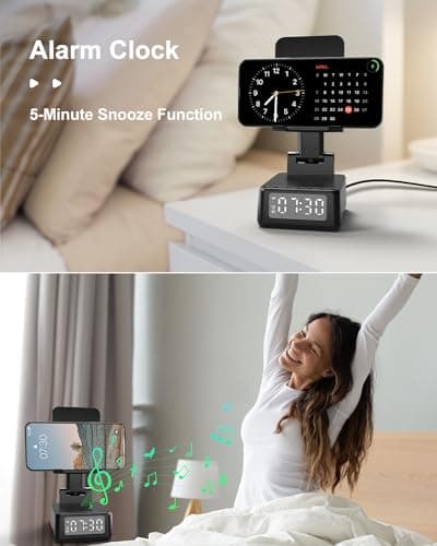 Gifts for Men Cell Phone Stand with Wireless Bluetooth Speaker and Wireless Charger, Phone Charger Stand with Digital Alarm Clock for iPhone, Birthday Gifts for Men,Boyfriend,Dad,Women,Christmas - Thumbnail 6