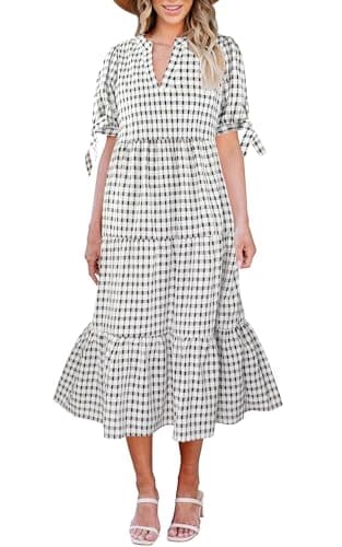 ECOWISH Women Summer Casual Dress - V Neck Short Sleeve Gingham Midi Pleated Tiered Loose Fit Holiday Picnic Dresses Black White Small - Image 1