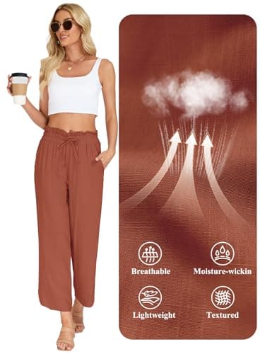 VUTRU Women Pants Wide Leg Casual Summer Slacks Tall Petite Plus Size Flowy Loose Travel Lounge Linen Trousers with Pockets, Rust Red L - Thumbnail 6