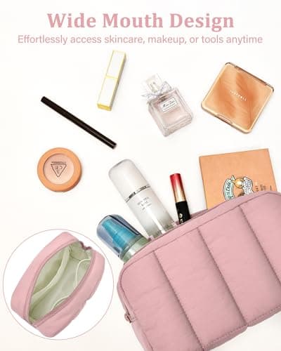 oscaurt 2 Pcs Makeup Bag Travel Toiletry Bag for Women Puffy Padded Cosmetic Pouch Purse Wide-open Makeup Organizer Case Travel Essentials - Thumbnail 5