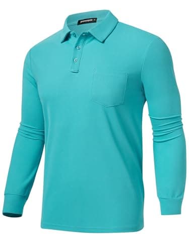Promen polo Men's Classic Long Sleeve Polo Shirts Casual Lightweight Solid Golf Shirts with Pocket Mint M - Image 1