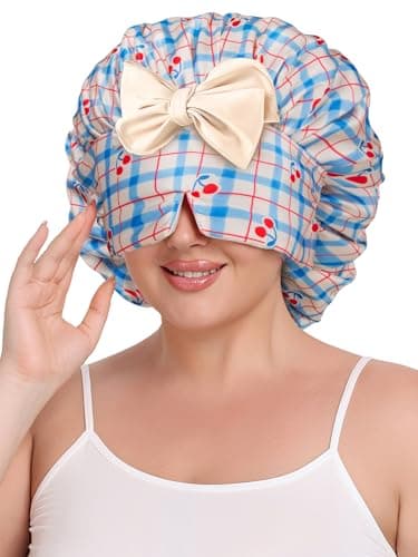 Vettres Double Layer Satin Bonnet for Sleeping with Detachable Eye Mask Adjustable Night Cap for Curly, Natural, Braided Hair Reduces Frizz & Locks in Moisture Blue Cherry - Image 1