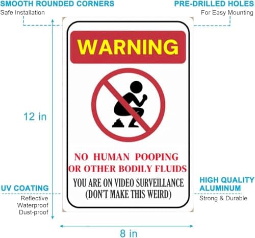 Carastora Humorous Surveillance Yard Sign - "No Human Waste or Bodily Fluids" Message - For Home or Business Security - UV Resistant, Weatherproof, Easy to Install, 12x8 in. - Thumbnail 6