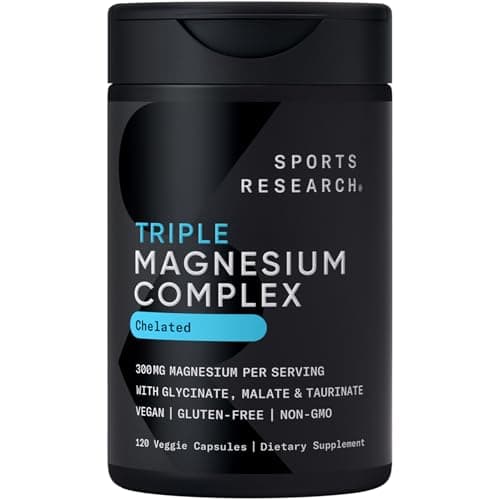 Sports Research® Chelated Triple Magnesium Complex with Glycinate, Taurinate & Malate (Chelamax®) for Enhanced Bioavailability* - 300 mg per Serving, Non-GMO, Certified Vegan, 120 Veggie Capsules