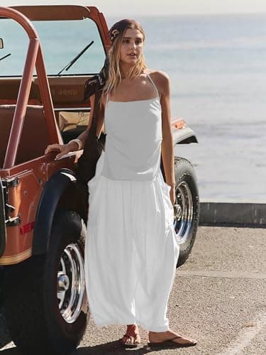 COCOMARTS Womens Linen Wide Leg Palazzo Pants Casual Loose Elastic Drawstring Flowy Pant 2025 Fall Travel Baggy Harem Pants with Pocket White X-Large - Thumbnail 5