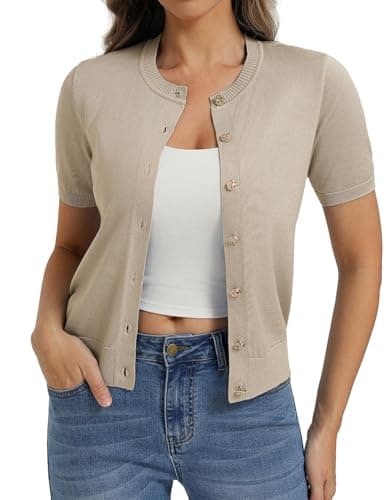 Button Up Sweater Summer Cardigans for Women Lightweight Crew Neck Sweater Work Tops (Khaki, M) - Image 1