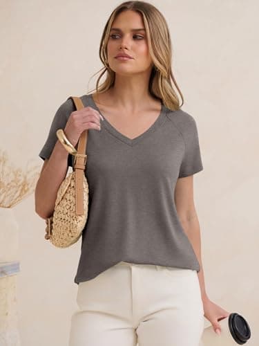 ANRABESS Womens Tops Short Sleeve V Neck Shirts Summer Basic Tee Trendy Cute Tshirts 2026 Spring Casual Outfits Gray Taupe X-Large - Thumbnail 2