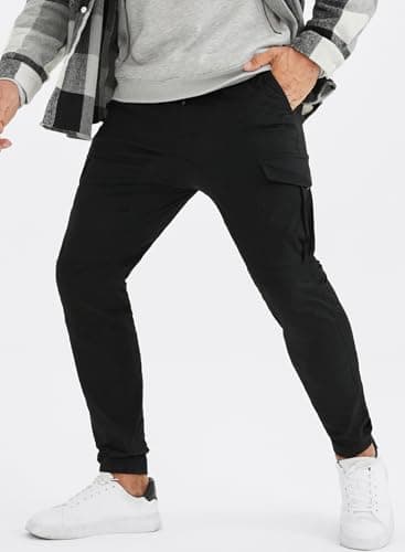 JMIERR Man Fashion Cargo Pants - Casual Cotton Tapered Stretch Twill Chino Athletic Joggers Sweatpants Drawstring Hiking Workout Trousers Travel Pants with Pockets for Men, US 36(L), 1 Black - Thumbnail 2