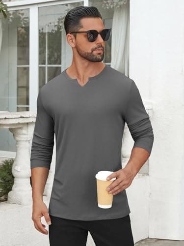 Hardaddy Men's V Neck Long Sleeve Ribbed Casual T-Shirt Classic Basic Solid Tee Shirts Deep Gray M - Thumbnail 2
