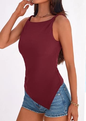 KIRUNDO Going Out Tops for Women 2026 Summer Twist Straps Asymmetrical Ruched Tank Top Slim Fit Sleeveless Shirts Y2K Clothes(Burgundy, X-Large) - Thumbnail 5