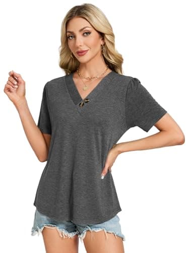 VUTRU Tops for Women V Neck Blouse Puff Short Sleeve Henley Tunic Shirt Loose Fitting Work Casual Plus Size Summer Clothes, Grey L - Thumbnail 6
