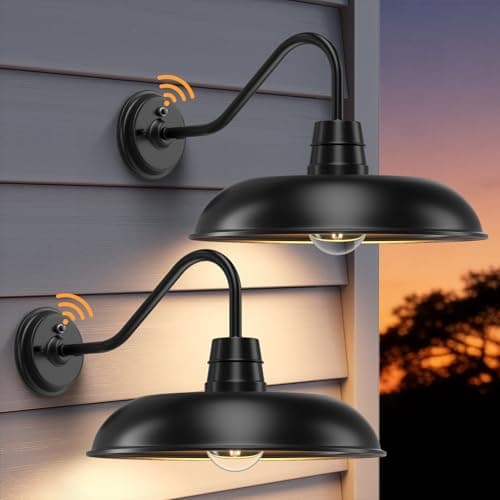 FILIYANO Large Dusk to Dawn Gooseneck Barn Light, 14 Inch 2-Pack Farmhouse Exterior Lighting Fixtures, Industrial Vintage Waterproof Stain Black Wall Mount Sconce for Cottage Garage Porch - Image 1