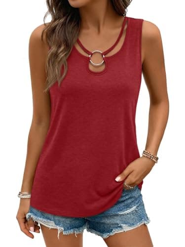AUTOMET Women Cute Tank Tops Casual Sleeveless Sexy Cut Out Ring Keyhole Neck Trendy 2026 Summer Fashion Flowy Clothes Red L - Image 1