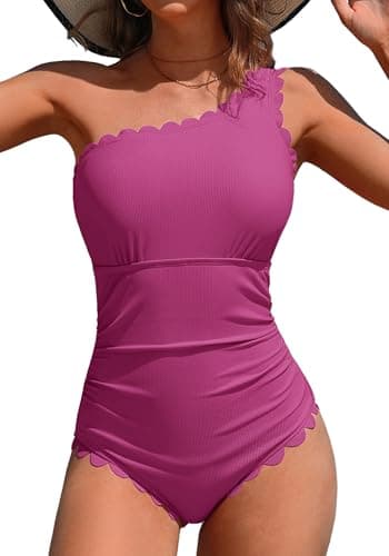 Charmo Womens One Piece Swimsuits Scalloped One Shoulder Bathing Suit Ribbed Tummy Control Modest Swim Suit Magenta Pink S - Image 1