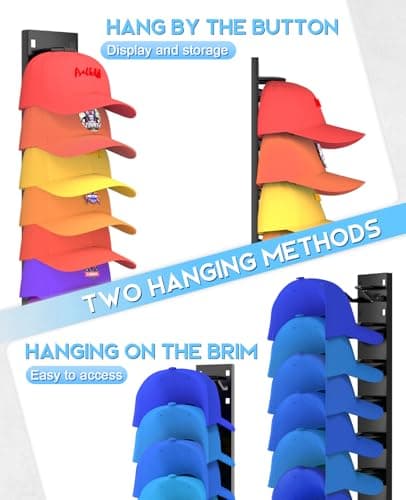 2 Pack Hat Organizer for Baseball Caps, Strong Adhesive Hat Rack for Wall, Multilayer Hat Storage Display Holder, Wall Mounted Hat Hooks Hold up to 18 Hats for Closet Door and Bedroom (Black) - Thumbnail 4